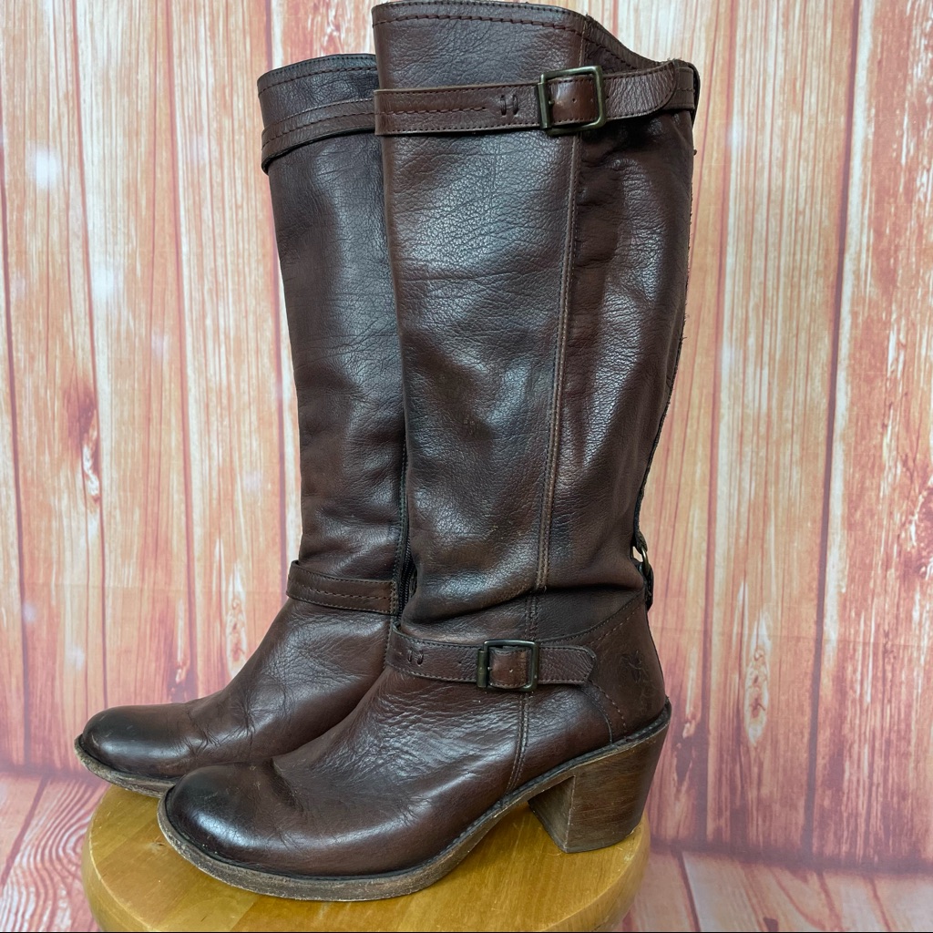 Frye Dark Brown Cognac Tall Belted Riding Boot (10)